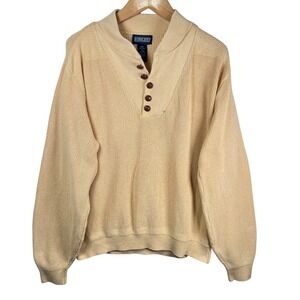 Lands End Mens Sweater Yellow Shawl Collar Cotton Med Ribbed Knit USA Made‎ 90s